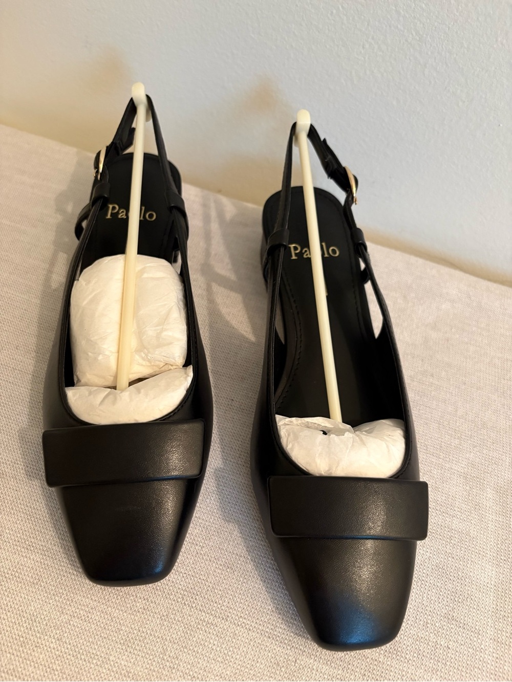 Paolo Black Leather Square-Toe Slingback Flats